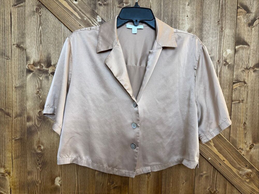 Lunya Women’s Small 100% Silk Cropped Pajama Shirt Button Front Beige (9312)